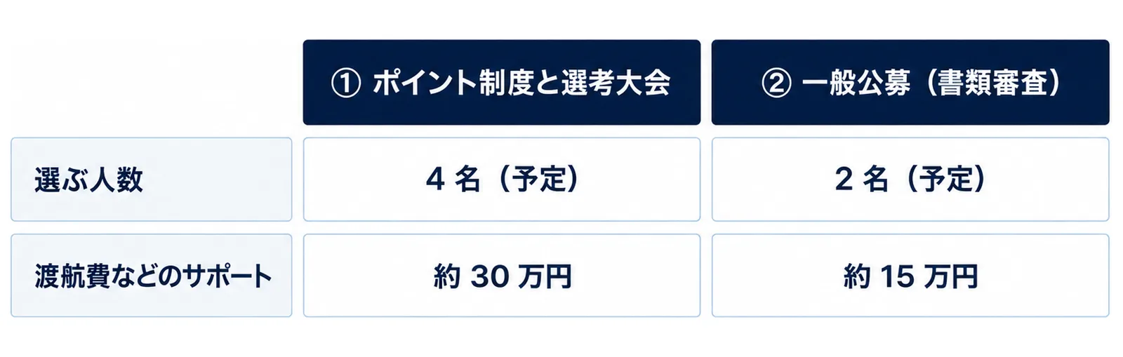 統合前の協会の2025年の選考を、ポイント制度と選考大会で4名(予定)・約30万円、一般公募(書類審査)で2名(予定)・約15万円の2つのルートで比べた図