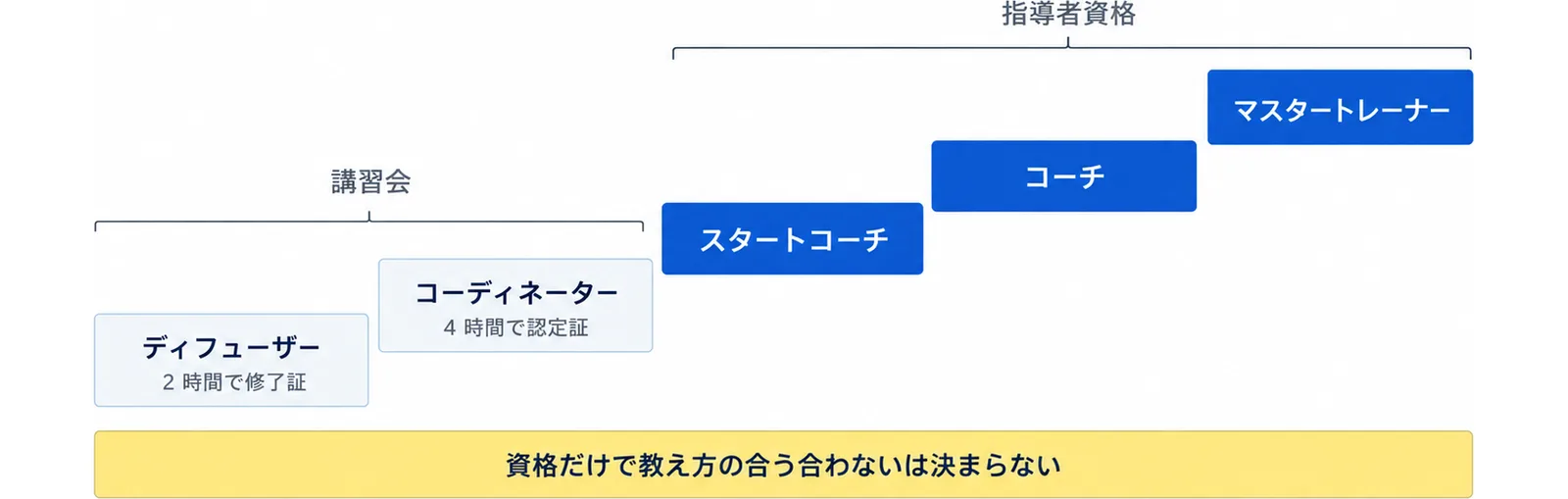 連盟の講習会のディフューザーとコーディネーター、その先の指導者資格のスタートコーチ、コーチ、マスタートレーナーの段階を示した図