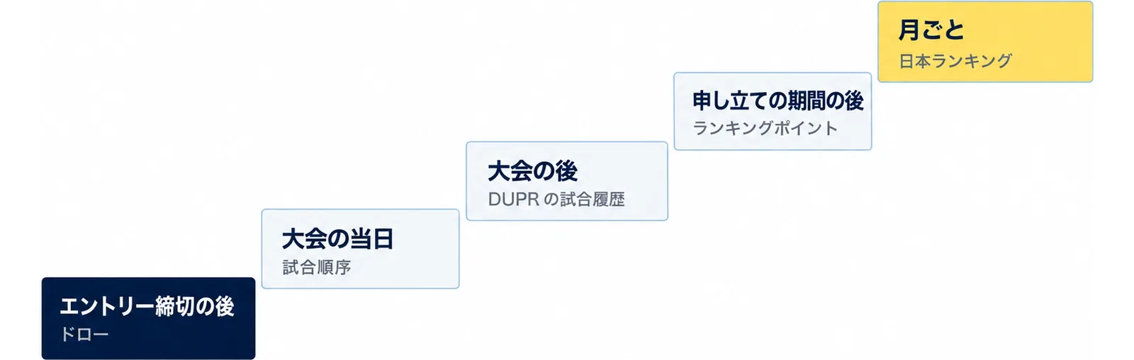 エントリー締切の後はドロー、大会の当日は試合順序、大会の後はDUPRの試合履歴、申し立ての期間の後はランキングポイント、月ごとは日本ランキングと上がる5段の階段図